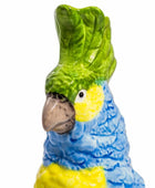 Colorful parrot figurine with green head, blue body, and yellow wings on a white background