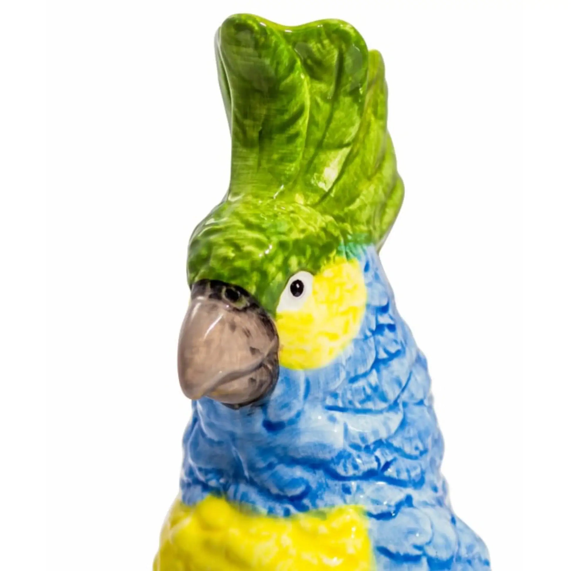 Colorful parrot figurine with green head, blue body, and yellow wings on a white background