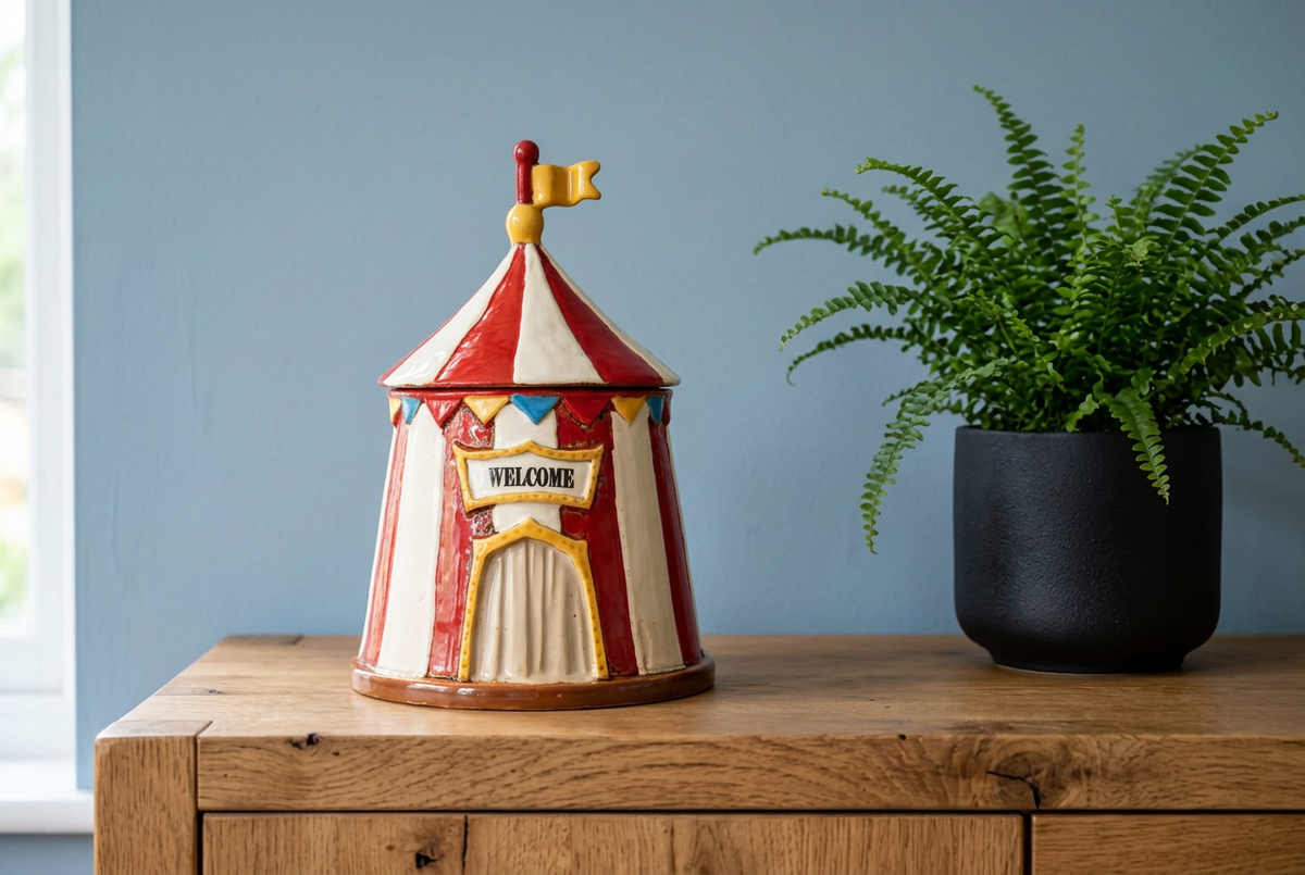 A ceramic circus tent cookie or decorative container with red and white stripes, a yellow 'WELCOME' sign, and a small flag on top, displayed on a wooden cabinet next to a potted fern against a blue wall.