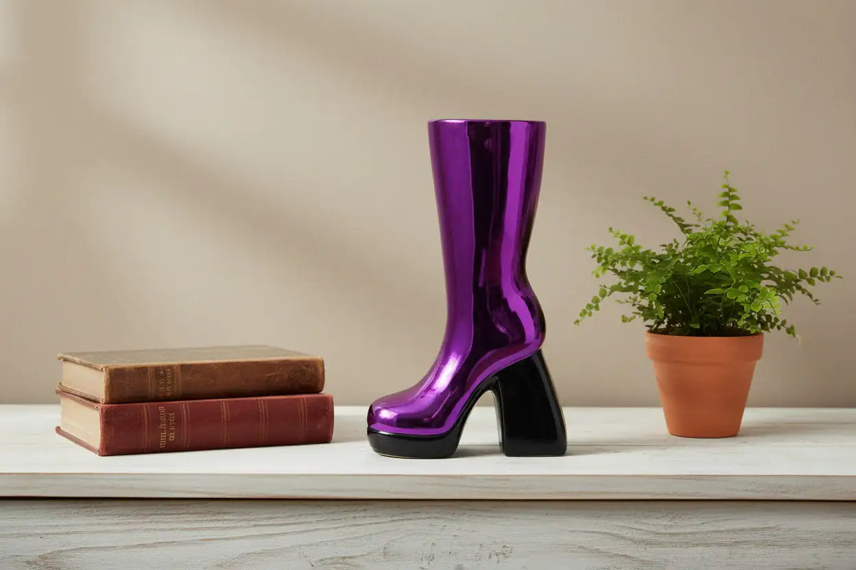 Shiny purple boot on a white surface with books and a plant