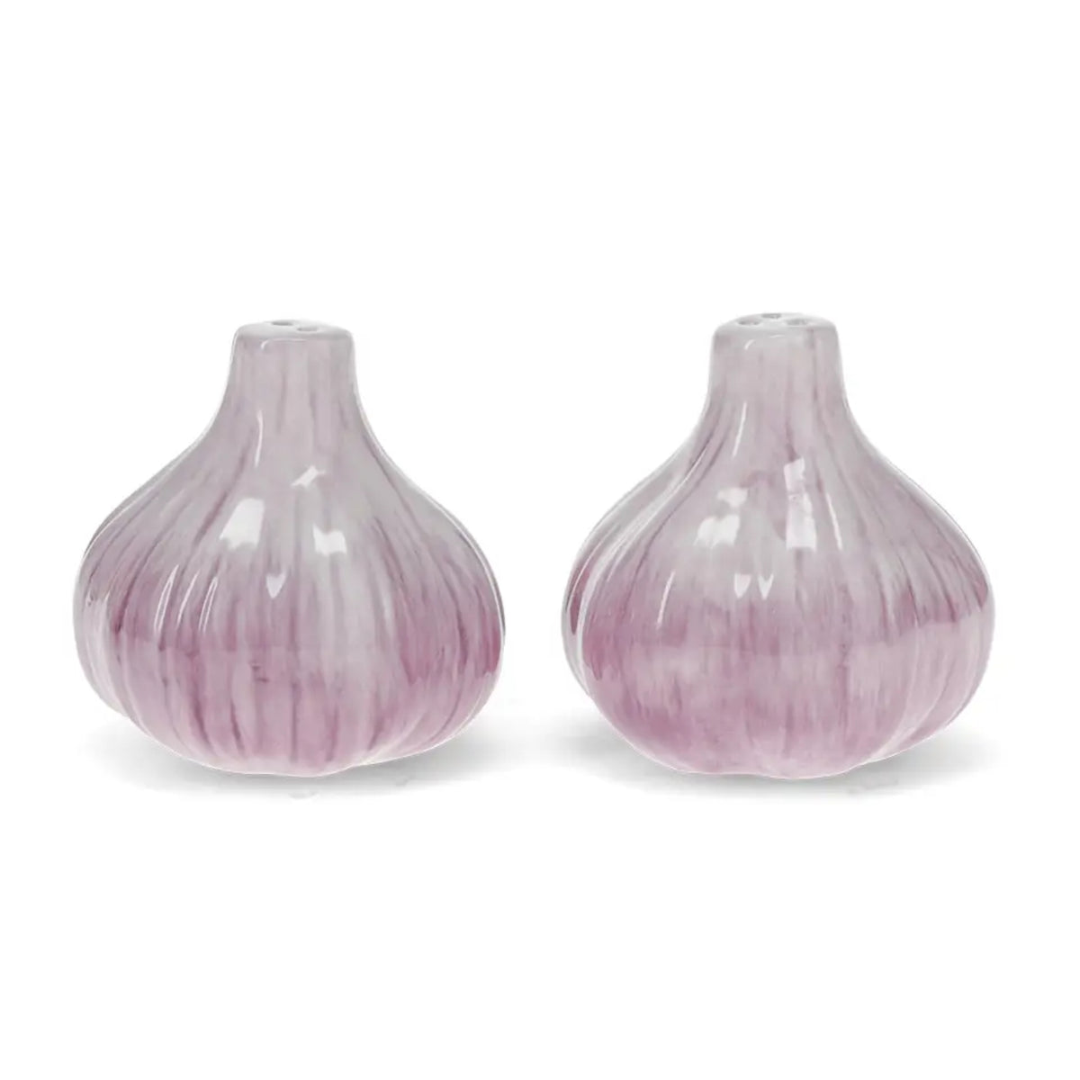 Two garlic-shaped salt and pepper shakers with a glossy, ribbed texture in a light purple and white color scheme, set against a plain white background.