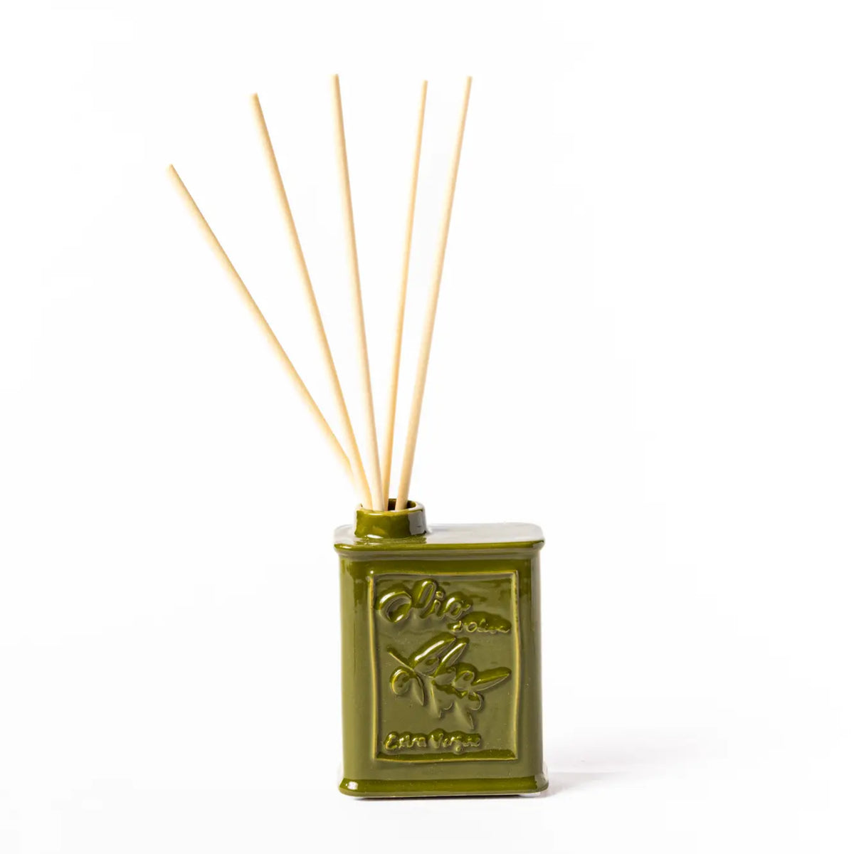 Olive green ceramic reed diffuser bottle with embossed lettering and five natural wood reeds, shown on a white background.