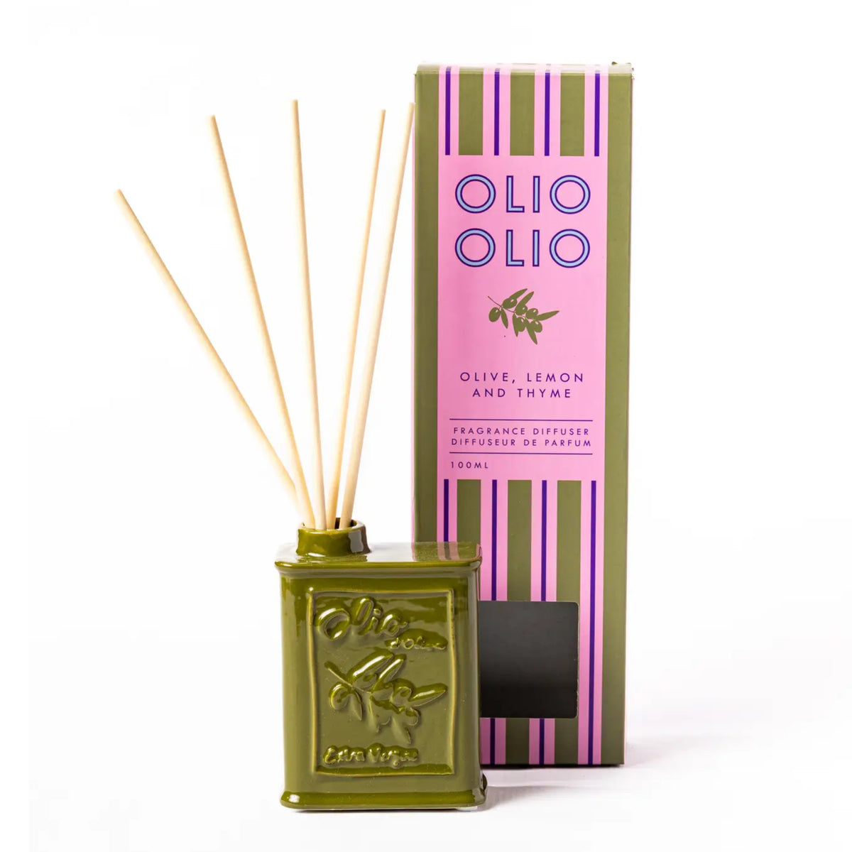 Olio Olio reed diffuser set featuring an olive green tin bottle with natural reed sticks, positioned in front of its pink and green striped packaging box on a white background.