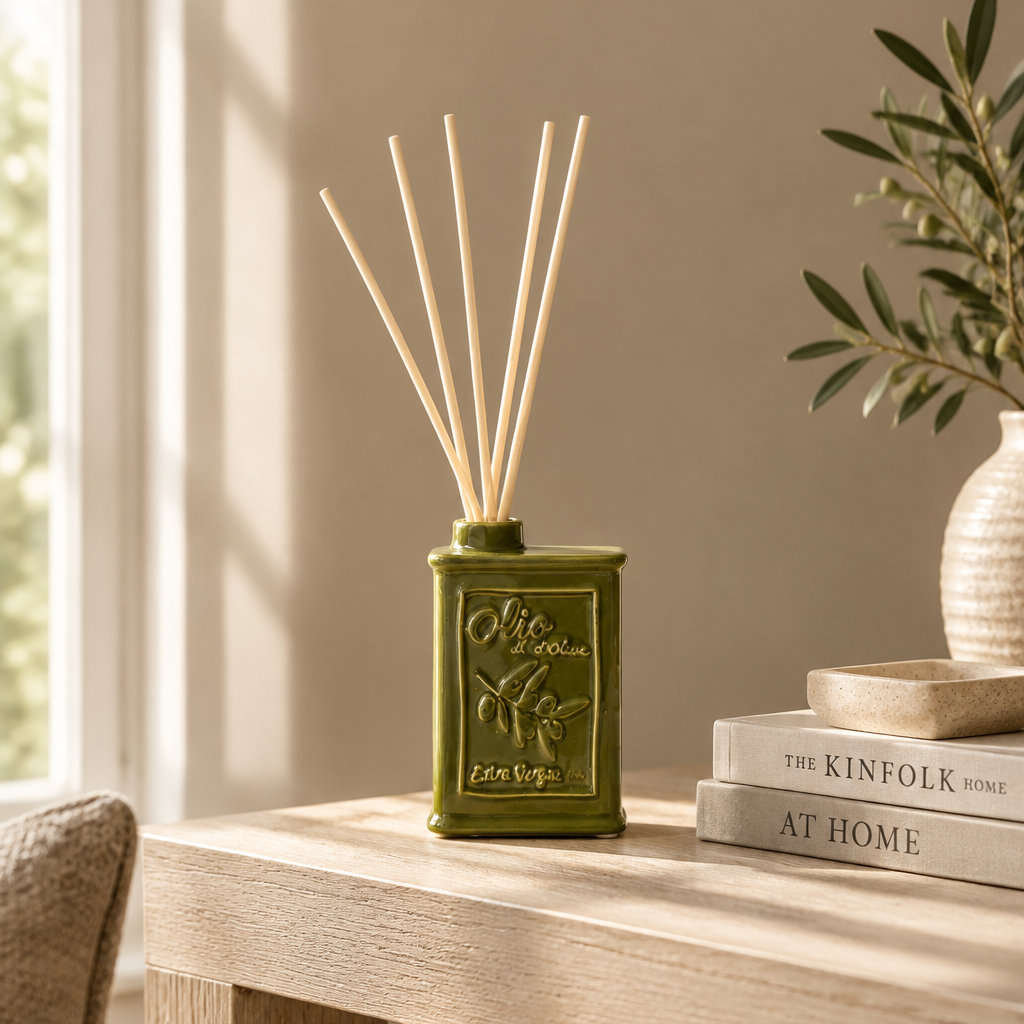 An olive green reed diffuser bottle with embossed olive branch details and natural reed sticks, styled on a light wood table next to stacked books and a vase in a softly lit room.