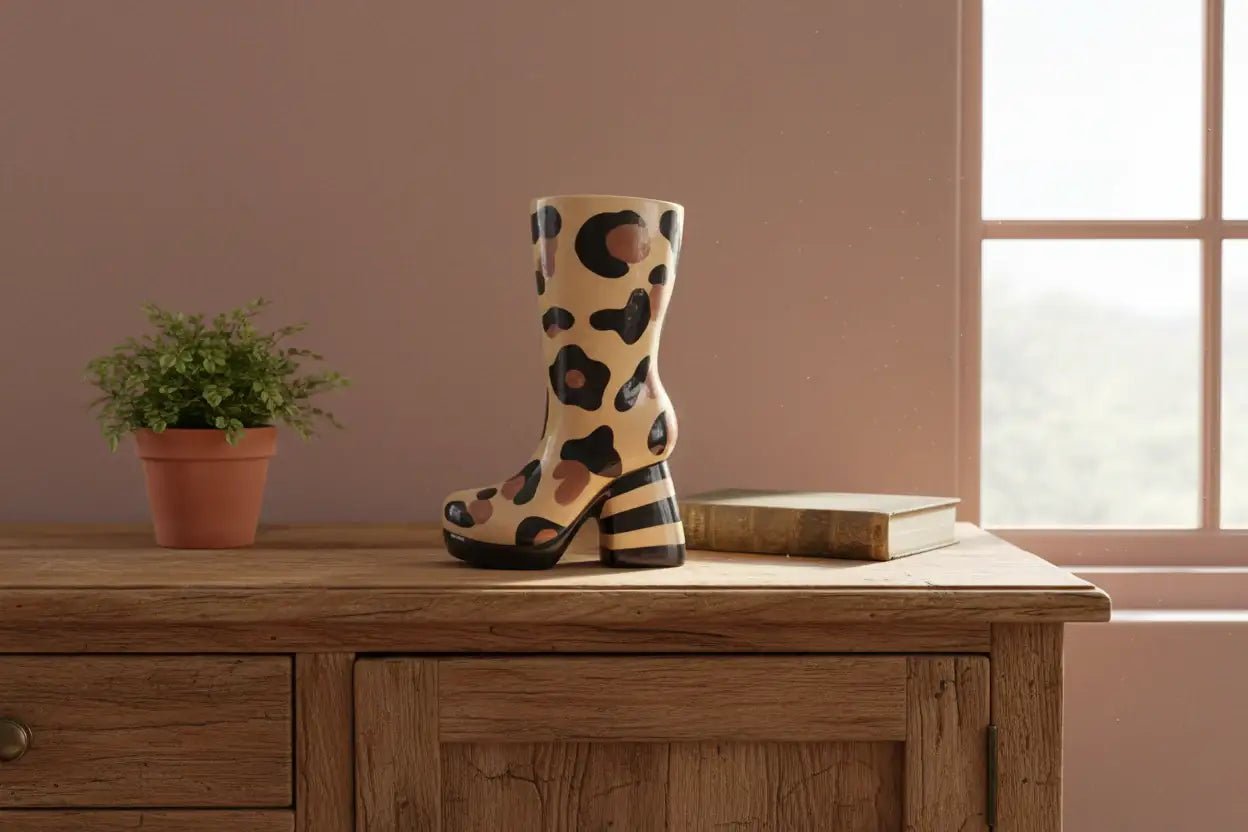 Decorative boot with leopard print on a wooden surface next to a plant and book.