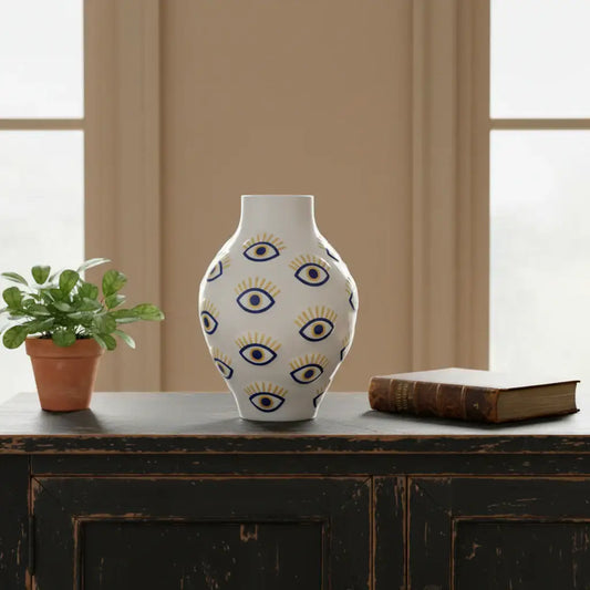 Decorative vase with eye pattern on a wooden surface with a plant and book in the background.