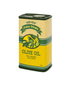 Olive oil tin with green and yellow design on a white background