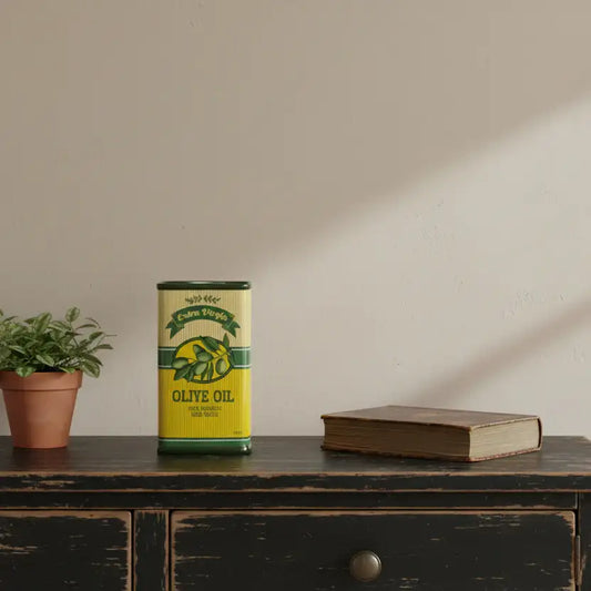 Vintage olive oil can on a wooden surface with a plant and book