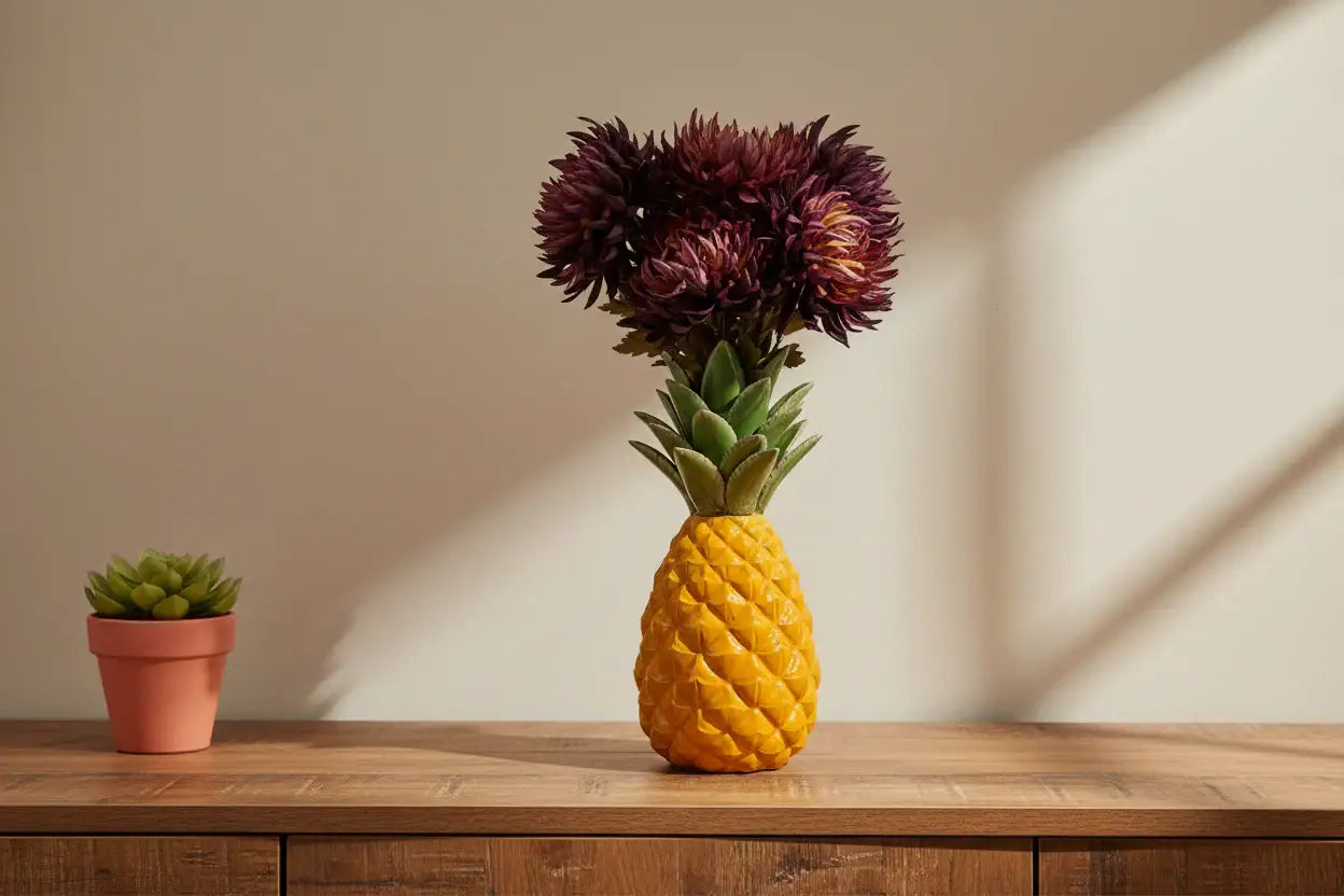 Pineapple with a flower arrangement on a wooden surface