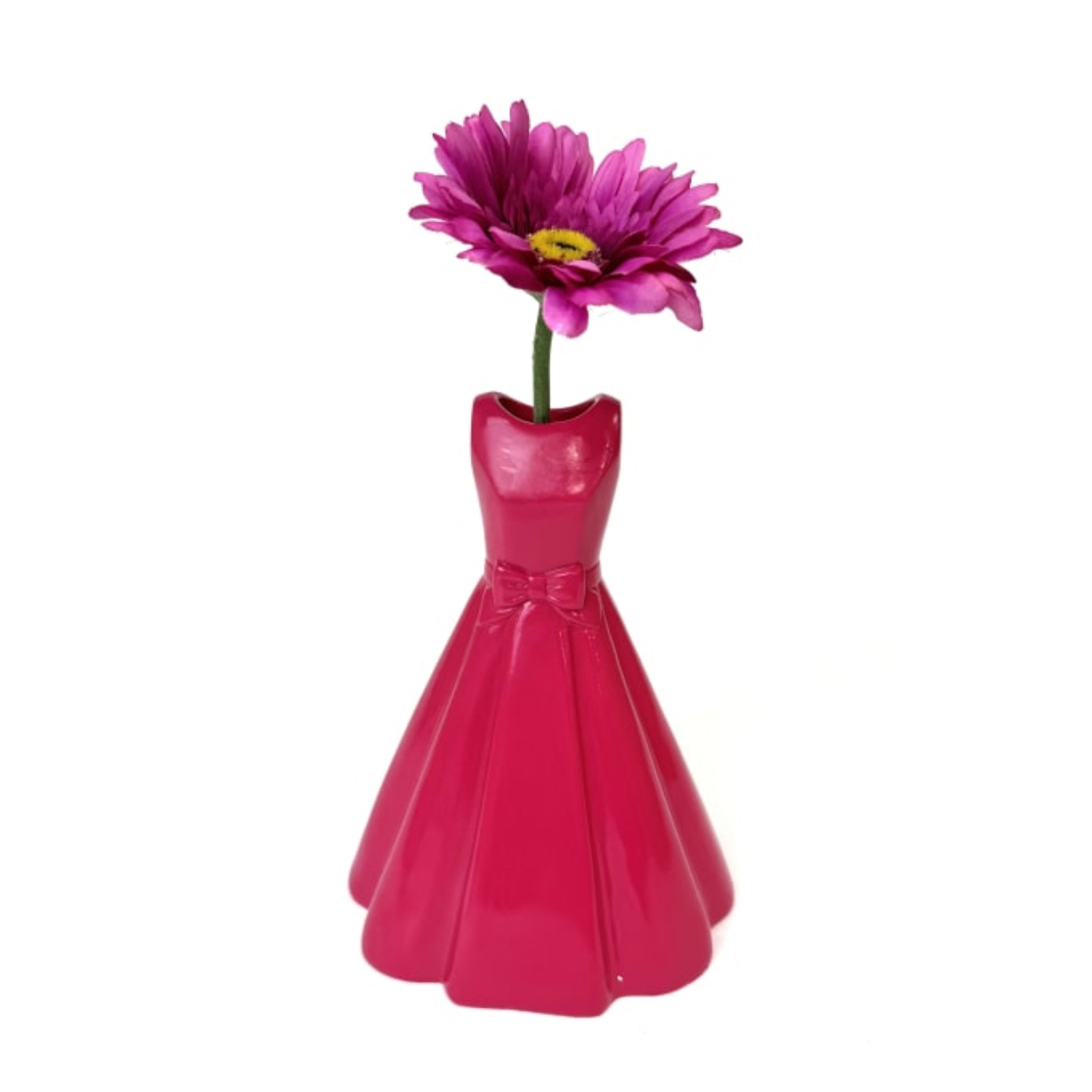 Pink dress-shaped vase with a single pink flower on a white background