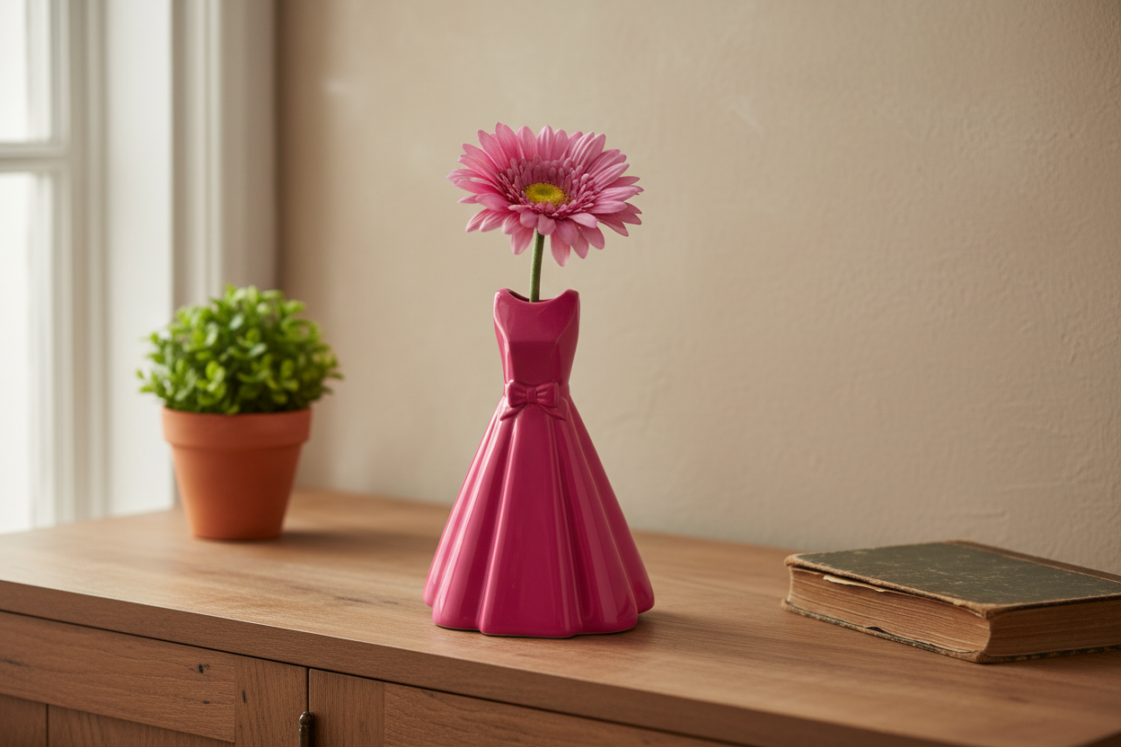 Pink dress-shaped vase with a single pink flower on a wooden surface.