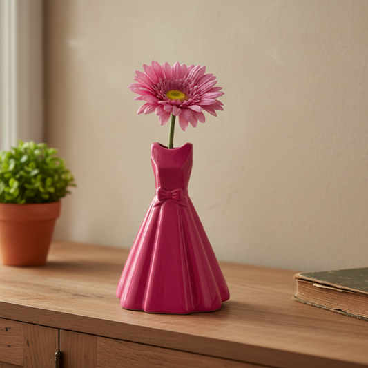 Pink dress-shaped vase with a pink flower on a wooden surface