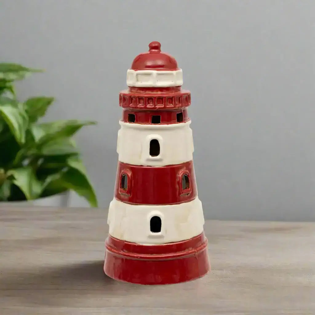 Ceramic Red & White Lighthouse Candleholder