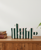 Decorative striped bag with letter 'E' on a wooden surface with books and a plant.