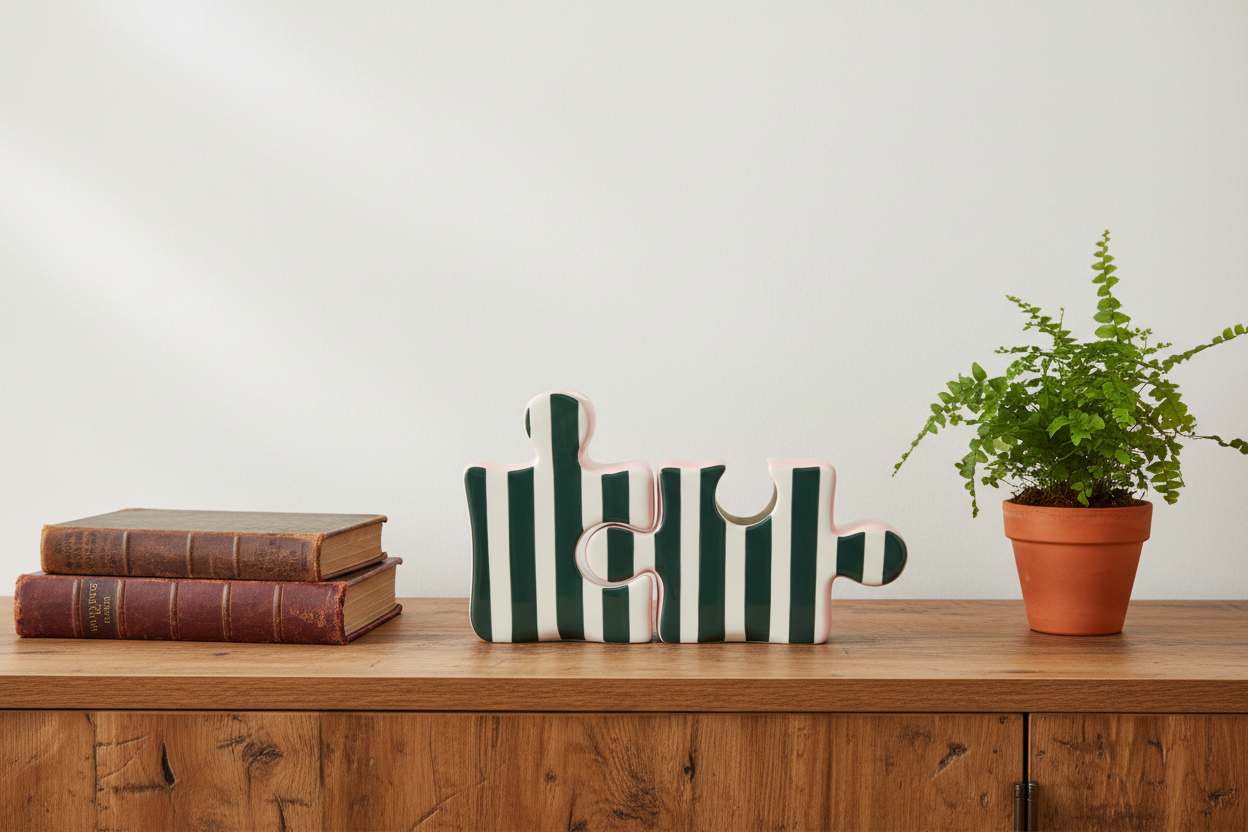 Decorative striped bag with letter 'E' on a wooden surface with books and a plant.