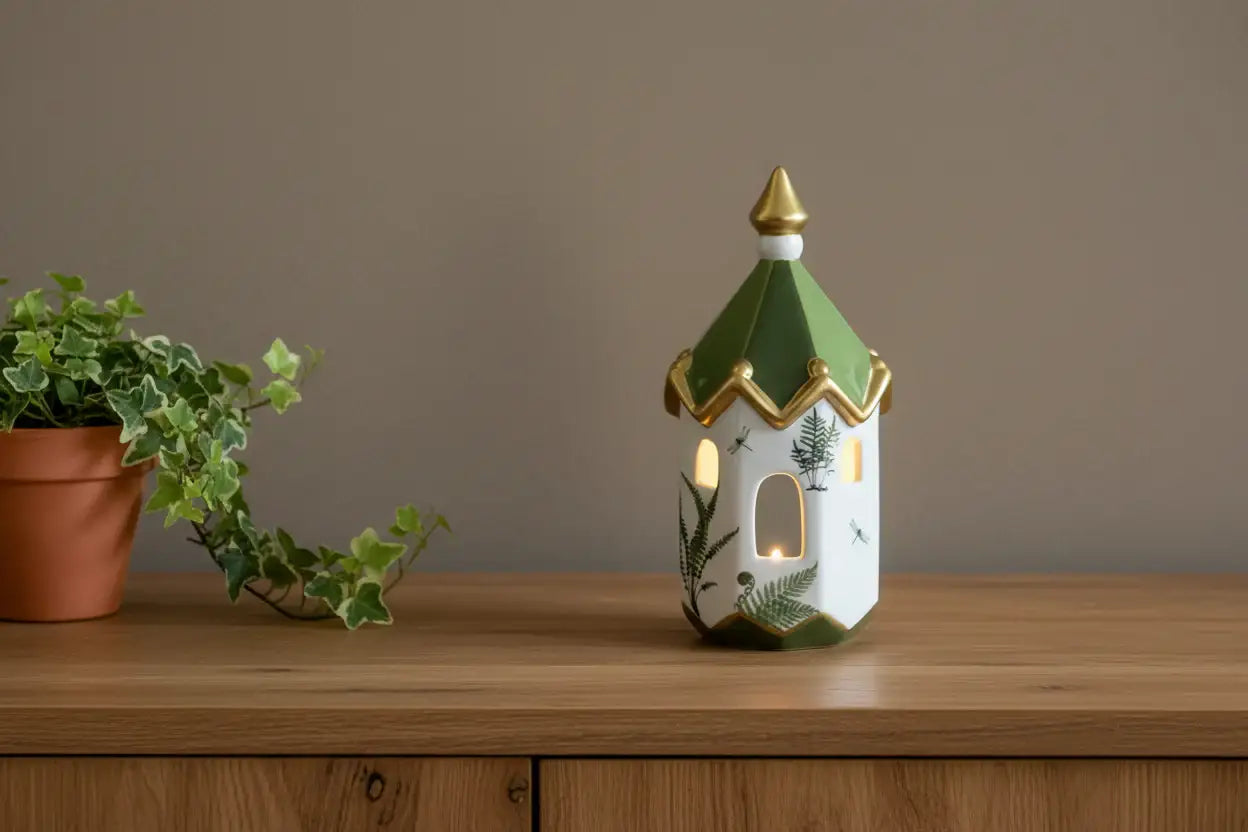 Decorative lantern with green roof and gold accents on a wooden surface next to a plant.