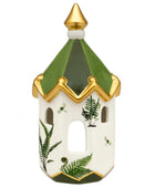 Decorative birdhouse with green roof and gold accents on a white background