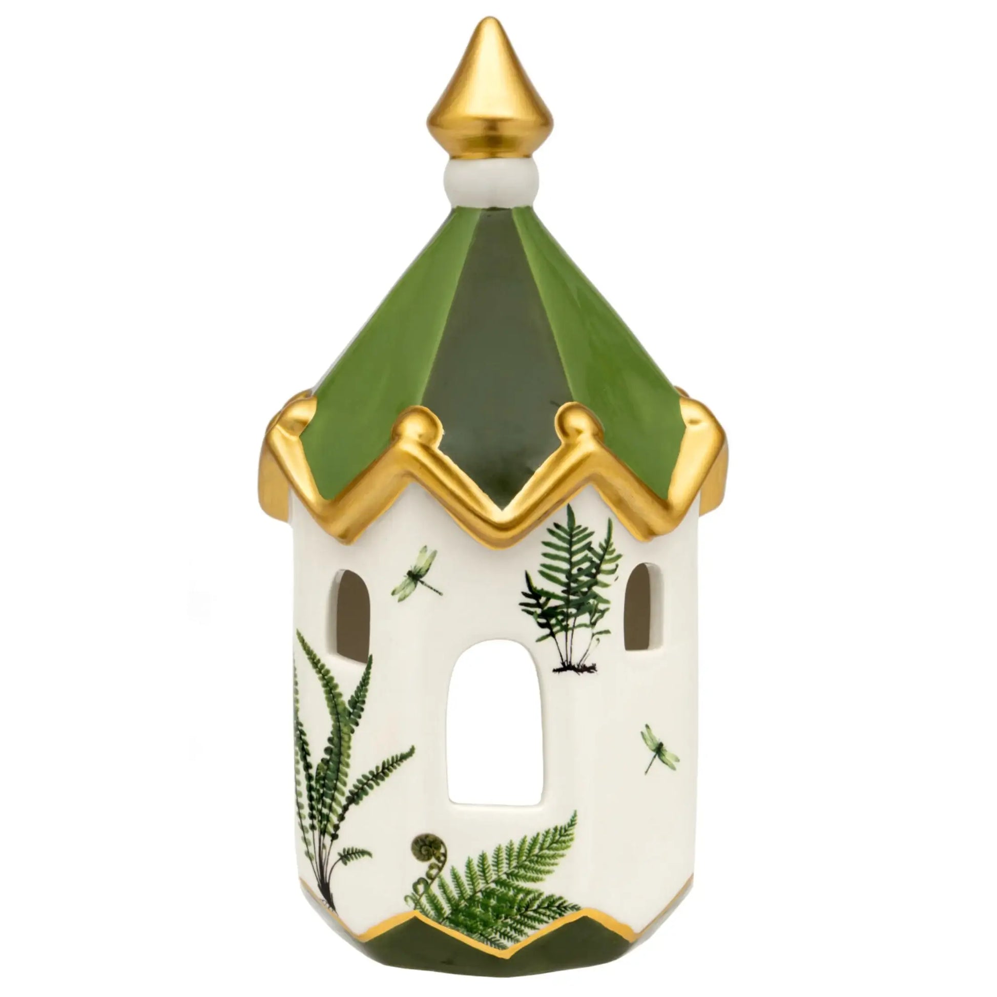 Decorative birdhouse with green roof and gold accents on a white background