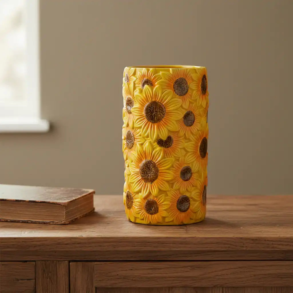 Decorative vase with sunflower pattern on a wooden surface