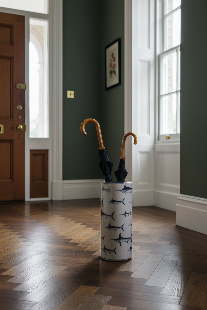 A cylindrical umbrella stand with a beige background and a repeating print of sailfish, holding two closed black umbrellas with curved orange handles, set against a plain white background.
