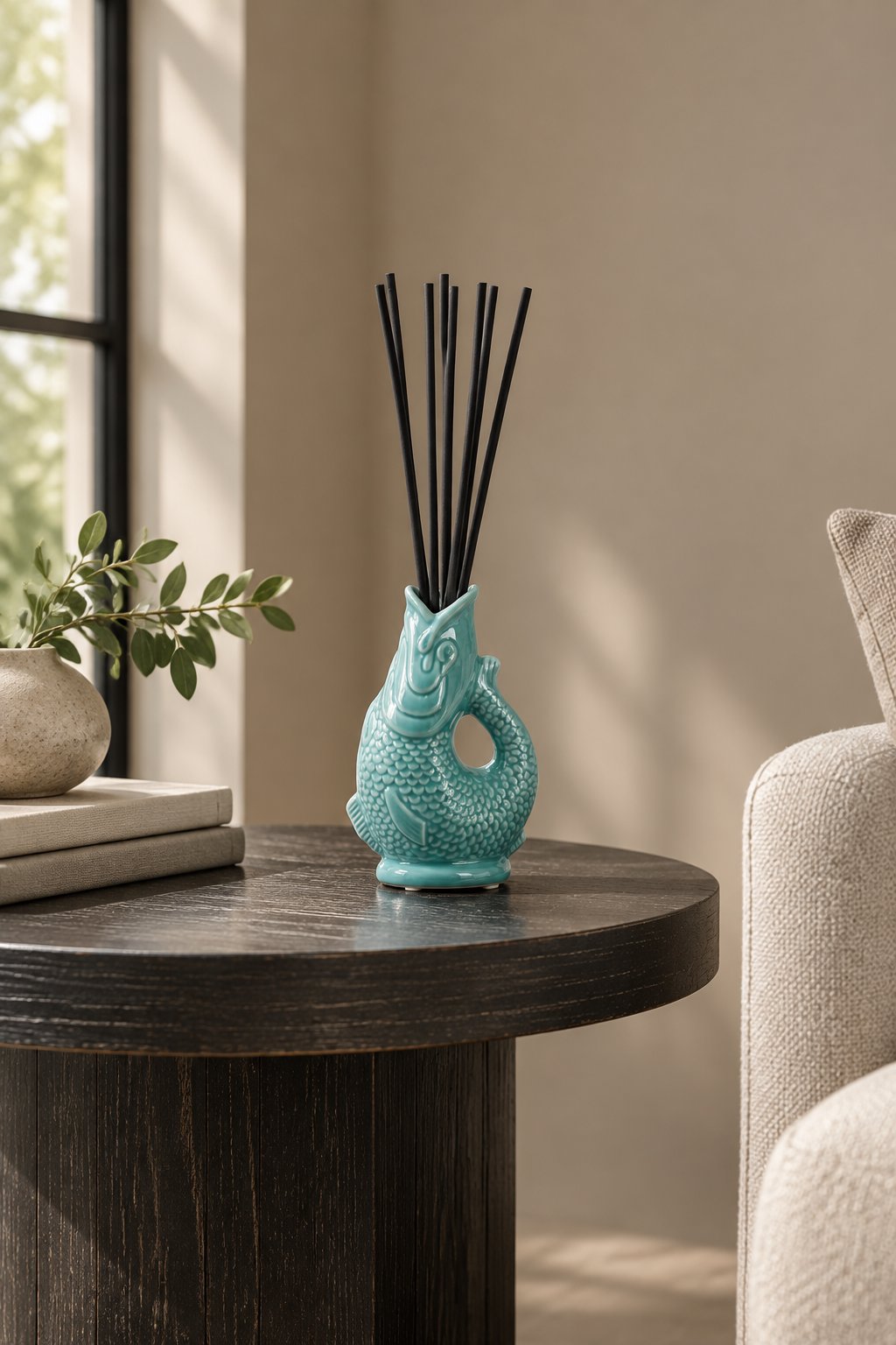 A turquoise ceramic fish-shaped reed diffuser with black reeds on a round dark wood table in a softly lit room, with a chair and books partially visible.