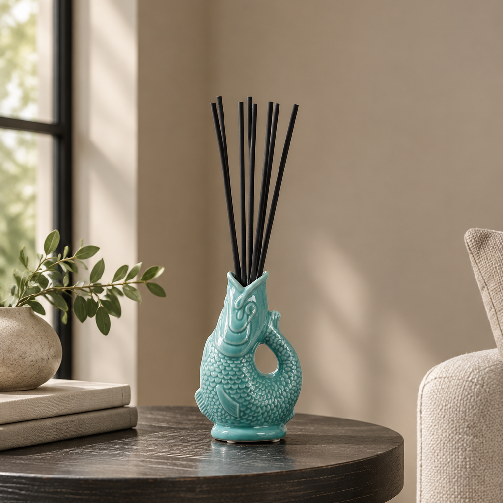 A turquoise ceramic fish-shaped reed diffuser with black reeds, displayed on a dark wooden table in a cozy, sunlit room next to a potted plant and a beige armchair.