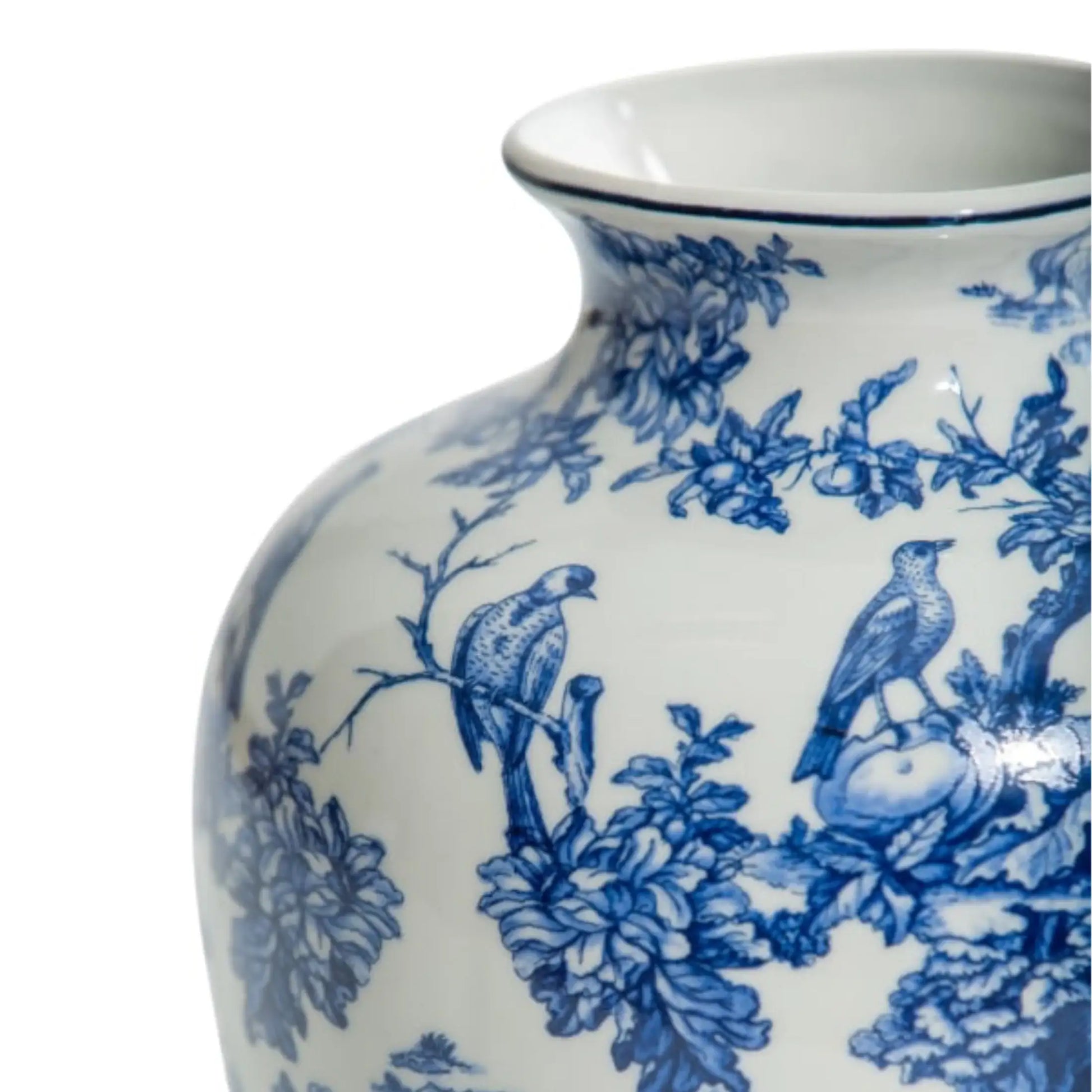 White ceramic vase with blue floral and bird patterns on a white background