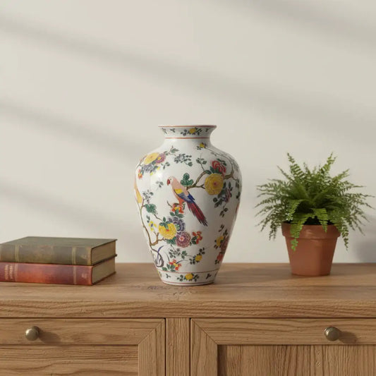 Decorative vase with floral and parrot design on a wooden surface with books and a plant.