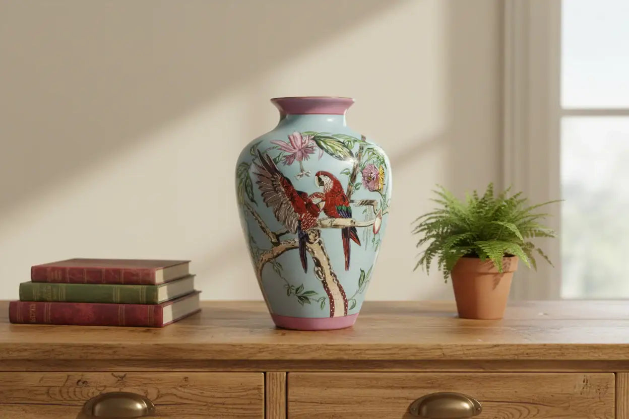Decorative vase with parrot design on a wooden surface with books and a plant.