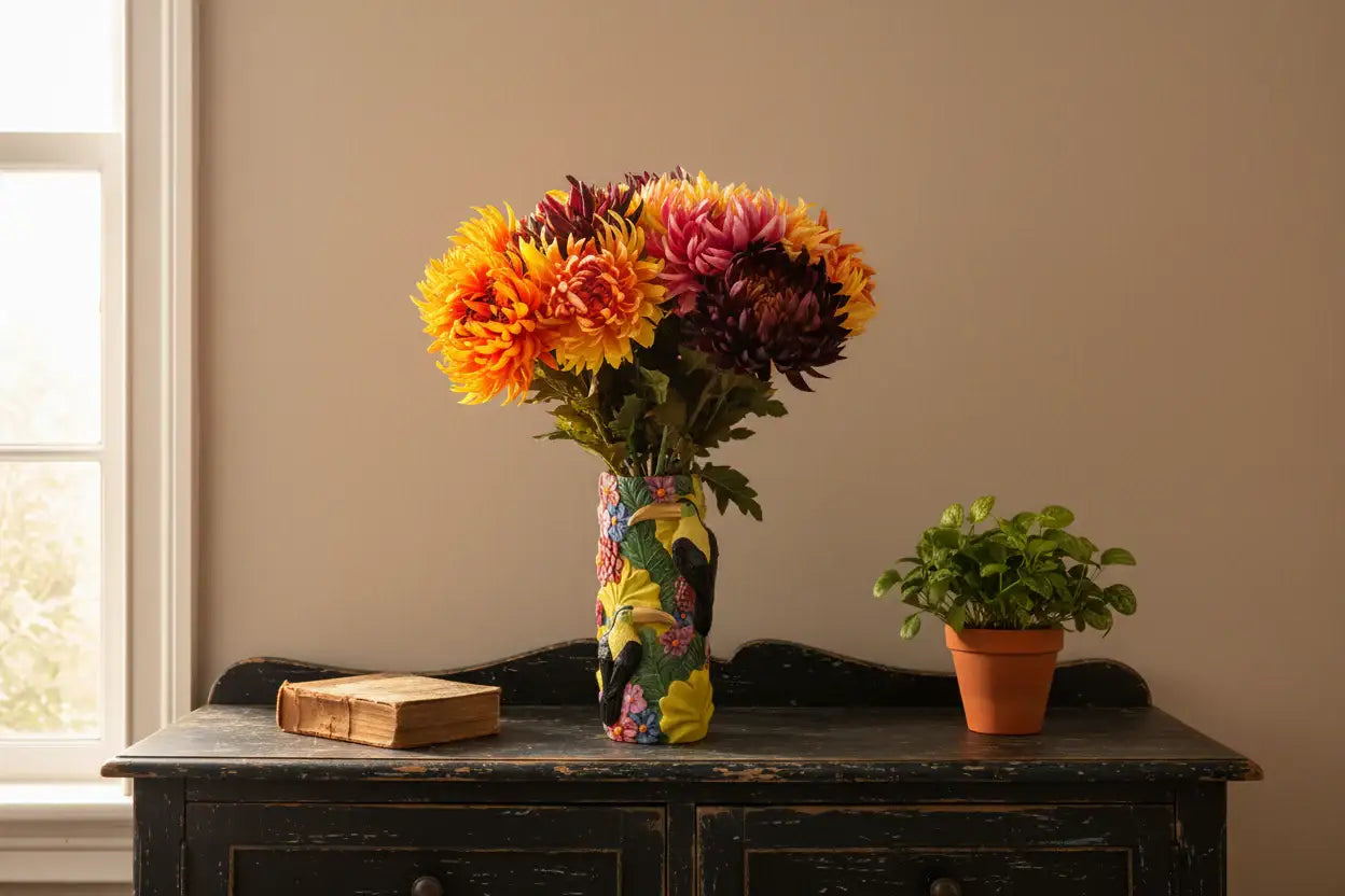 Colorful bouquet in a vase on a wooden table with a potted plant and book.