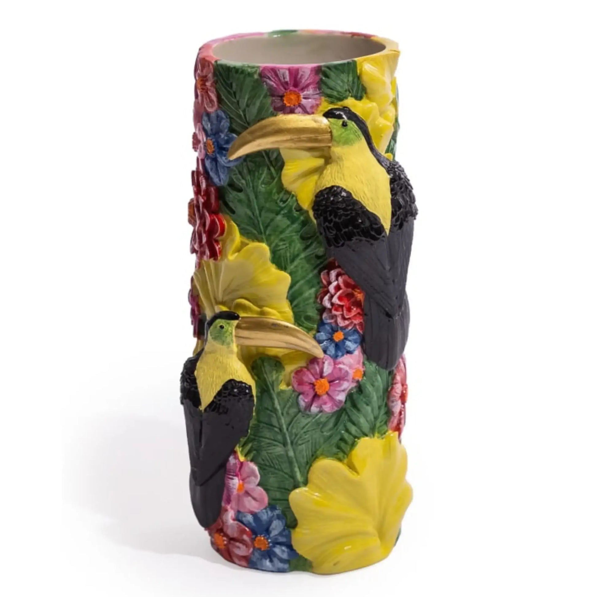 Decorative vase with bird and floral design on a white background