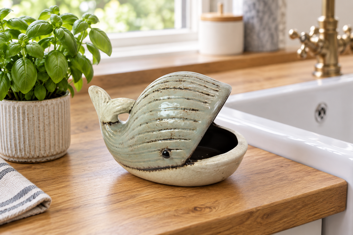 A ceramic whale-shaped planter with a light blue-green glazed exterior and a beige interior, placed on a wooden kitchen countertop next to a potted basil plant and a white sink.