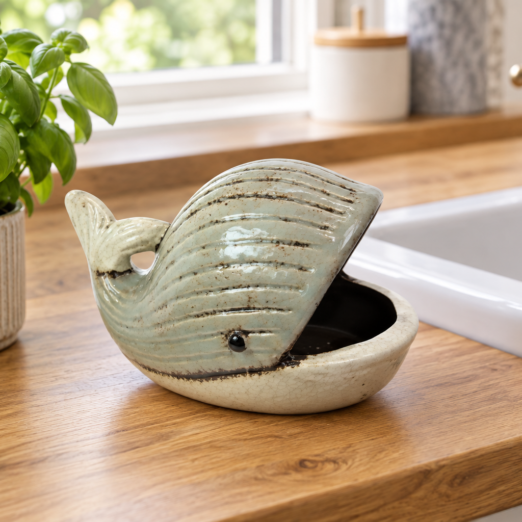 A whale-shaped ceramic planter with a light blue-green glazed exterior and a beige interior, shown on a wooden countertop near a sink and a potted plant.