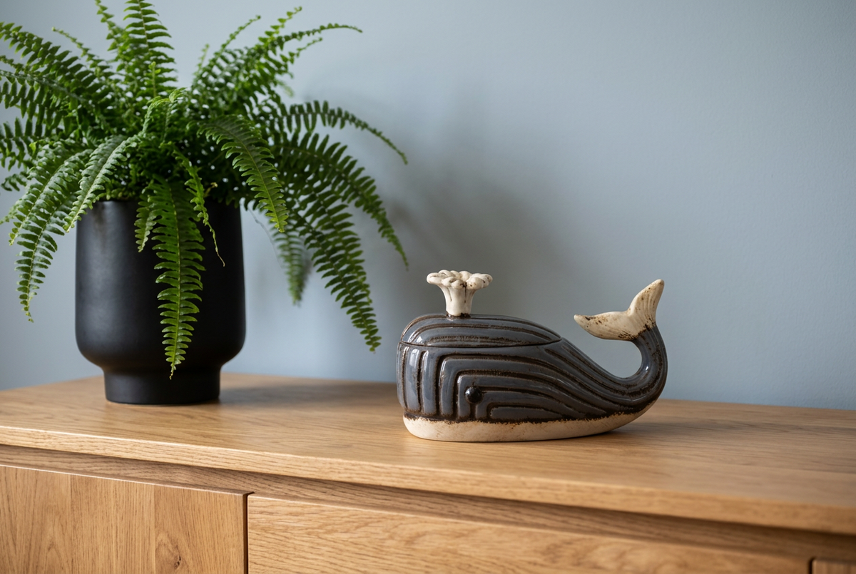 A dark glazed ceramic whale-shaped lidded box with a cream-colored top and tail, displayed on a wooden sideboard next to a potted green fern against a light blue-gray wall.