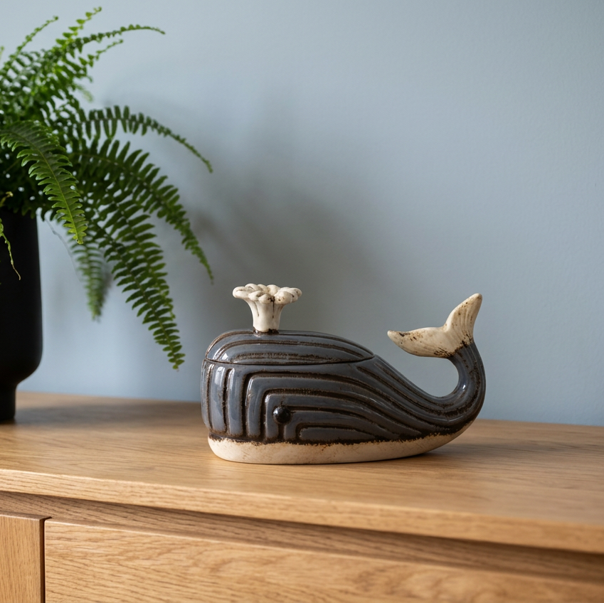 A ceramic whale-shaped lidded container with a dark brown and beige glaze, displayed on a wooden sideboard next to a green fern plant against a blue-gray wall.