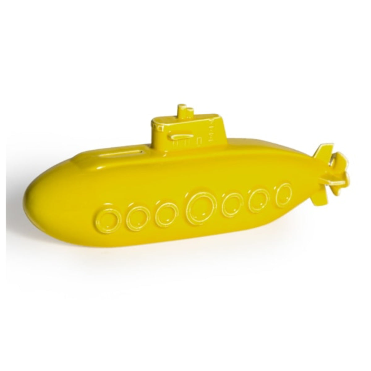 A bright yellow toy submarine with embossed details, including circular portholes and a conning tower, shown on a plain white background.