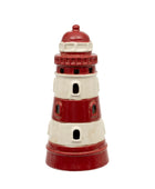 Red and white ceramic lighthouse on a white background
