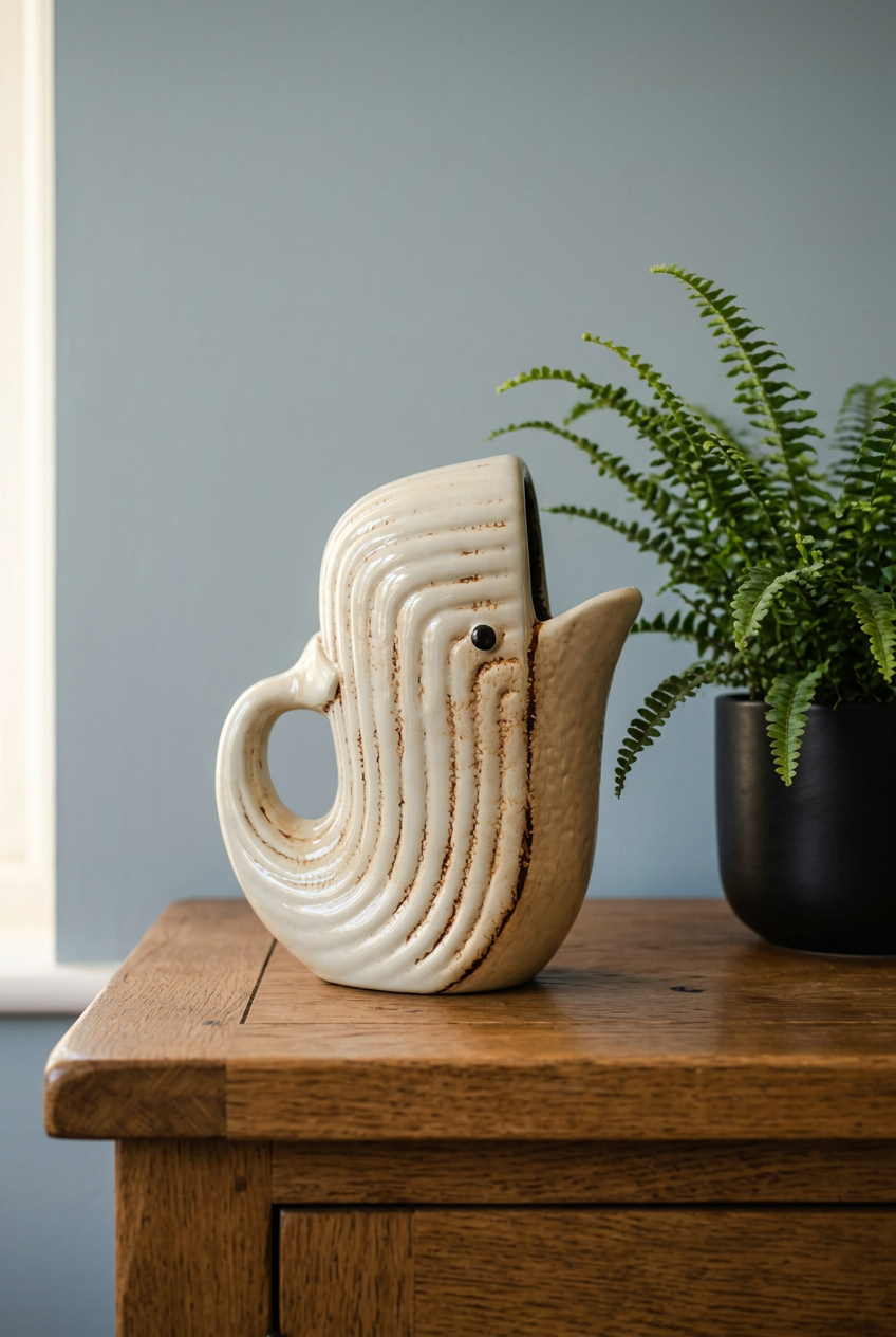 A ceramic fish-shaped planter with a curved handle and spout, featuring textured concentric ridges and a small black eye detail, sitting on a wooden table next to a potted green fern.