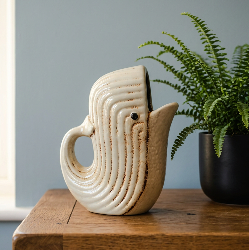 A ceramic whale-shaped pitcher with a cream-colored glaze and brown speckled detailing, styled on a wooden table next to a potted fern against a blue-gray wall.
