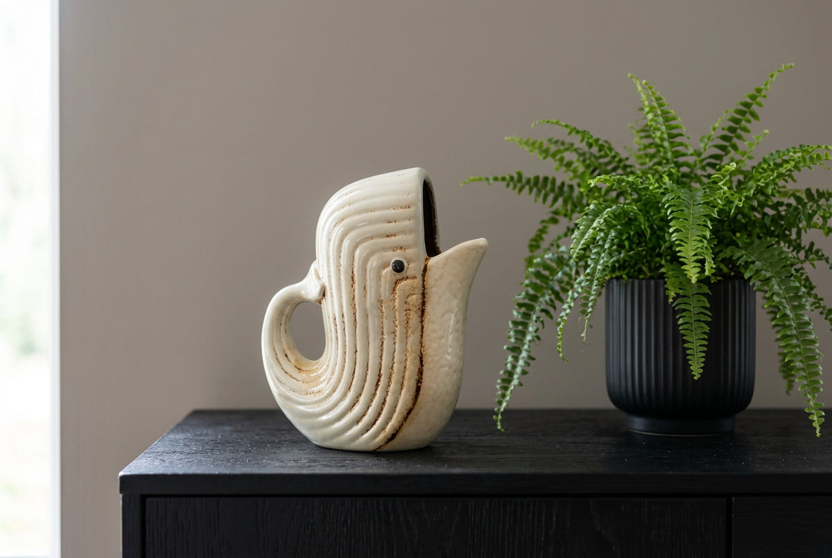 A sculptural ceramic pitcher shaped like a stylized bird, in an off-white glaze with subtle brown weathered accents, displayed on a dark wooden cabinet next to a potted green fern.