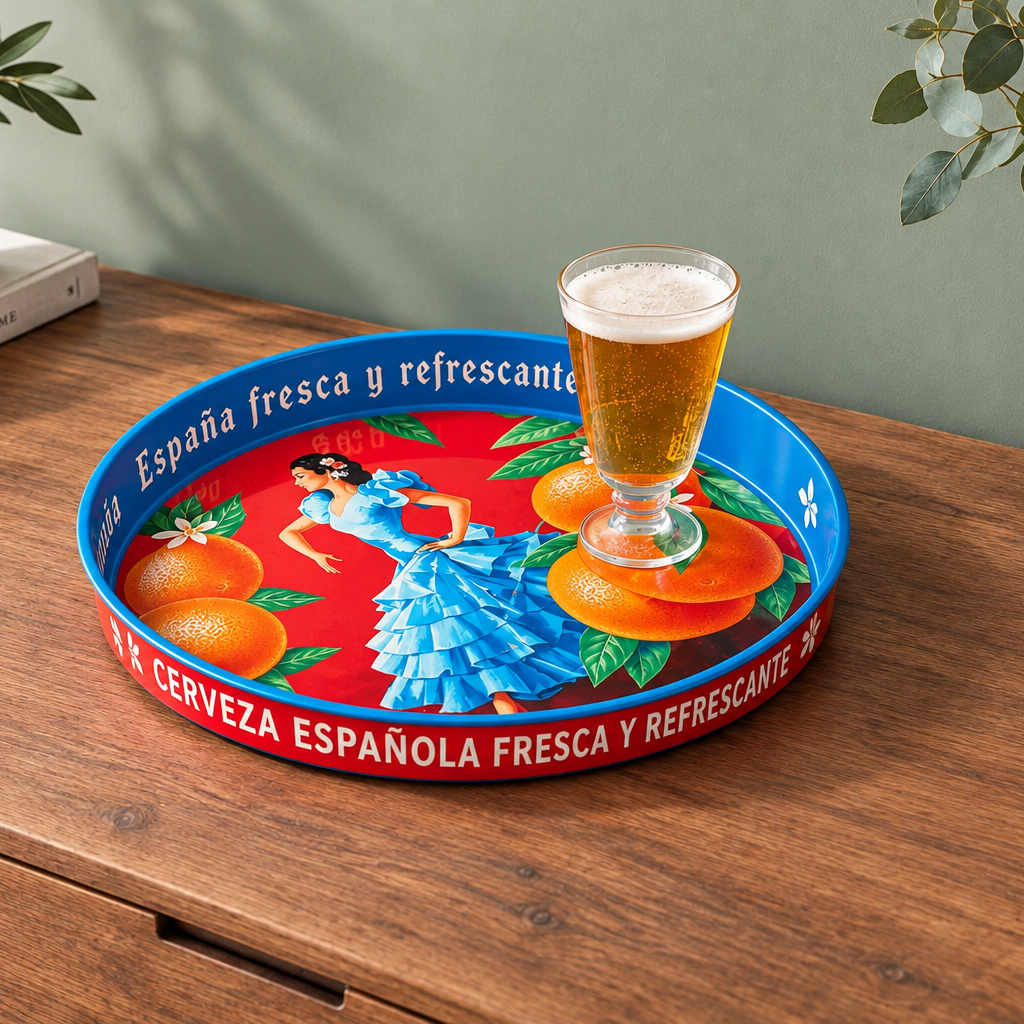 A round decorative serving tray with a red and blue Spanish-themed design, featuring an illustration of a woman in a blue dress, oranges, and the text 'Cerveza Española Fresca y Refrescante'. A glass of beer is placed on top of the tray, which sits on a wooden table against a muted green wall.