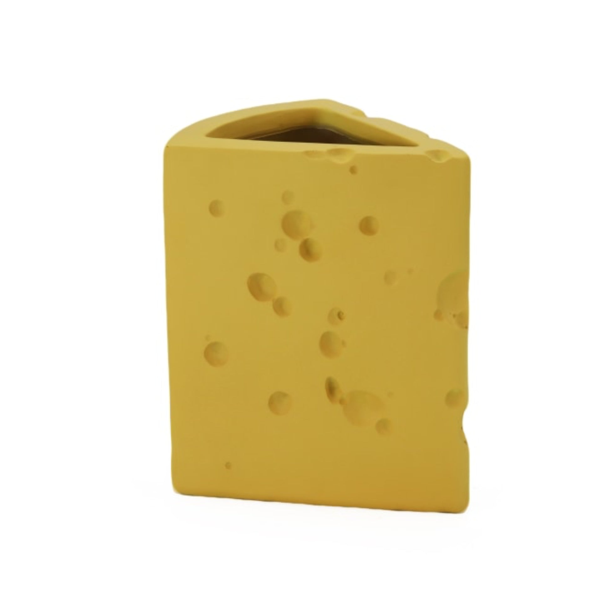 Yellow cheese-shaped container on a white background