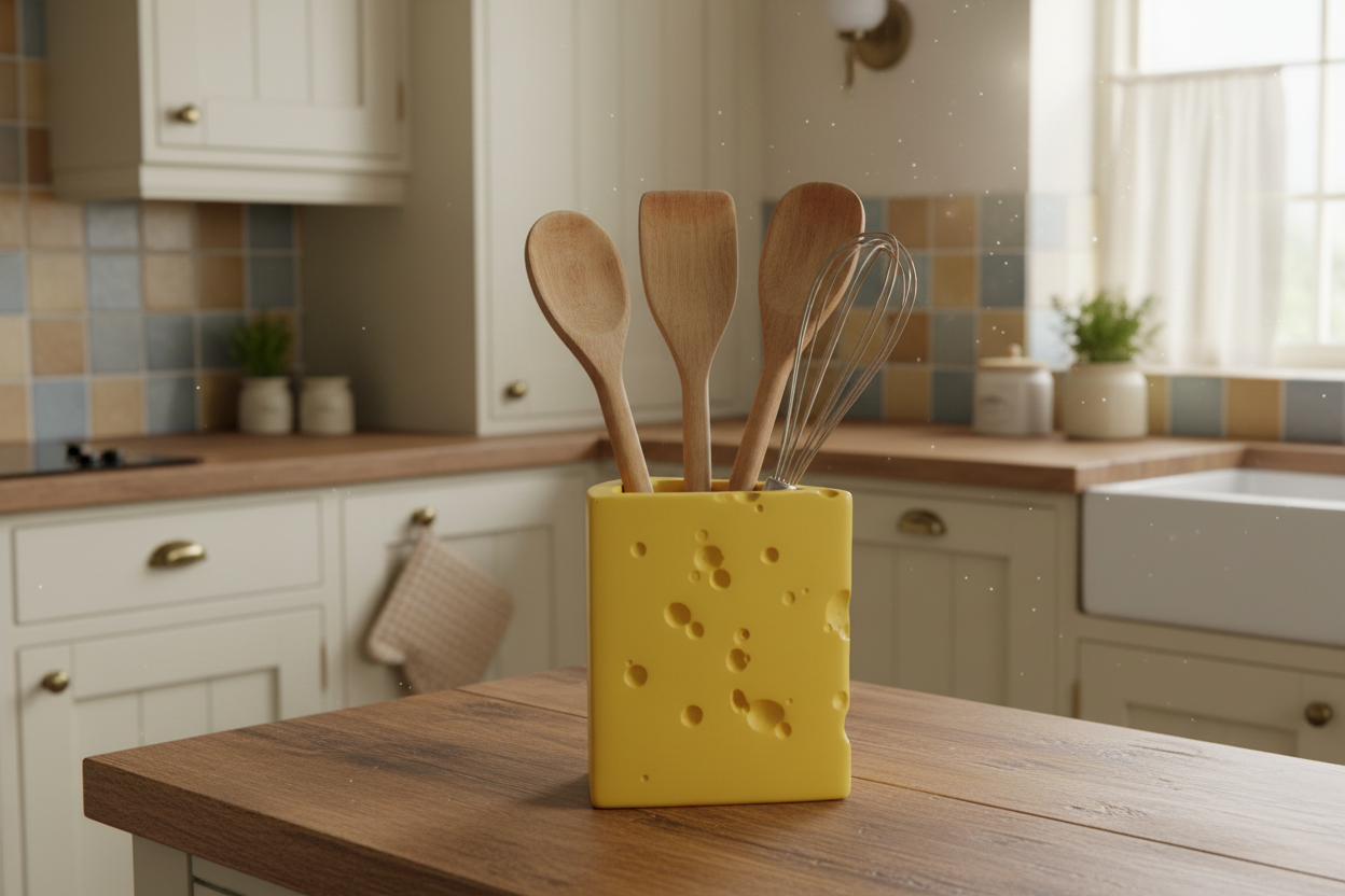 Yellow cheese-shaped utensil holder with wooden spoons on a kitchen counter.