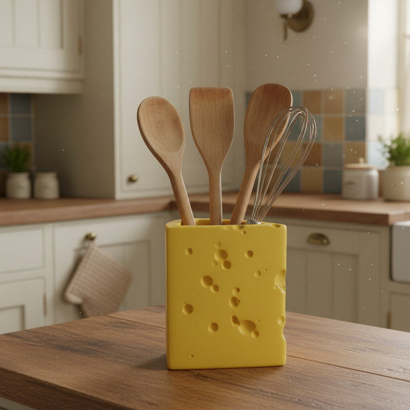 Yellow cheese-shaped utensil holder with wooden spoons and a whisk on a kitchen counter.