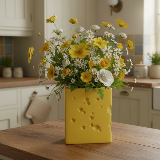 Yellow cheese-shaped vase with flowers on a kitchen counter