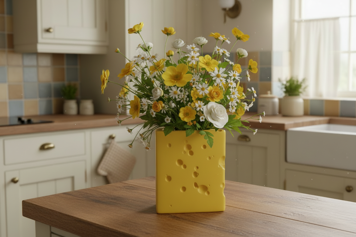 Yellow vase with flowers on a kitchen counter