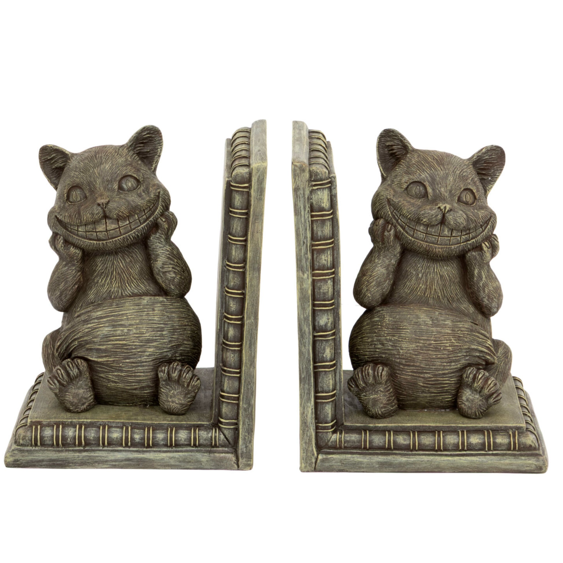 A pair of bookend-style cat figurines with a weathered gray and bronze finish, shown from the front and side against a white background.