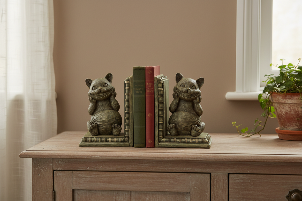 A pair of cat-shaped bookends holding a set of three vintage-style books on a wooden console table in a room setting.