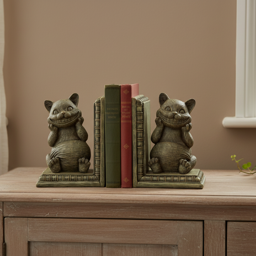 A pair of cat-shaped bookends holding up three decorative books on a wooden table against a beige wall.