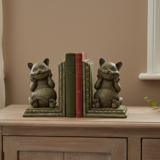 A pair of cat-shaped bookends holding up three decorative books on a wooden table against a beige wall.